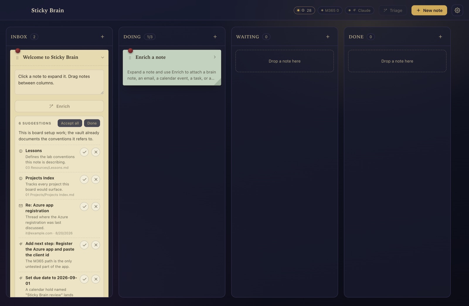 Enrich results: six suggestions with accept and decline buttons — two vault notes, an email thread, a next step, and a due date