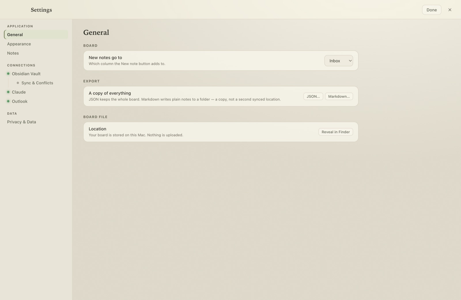 Settings page with Connections rows carrying status lights