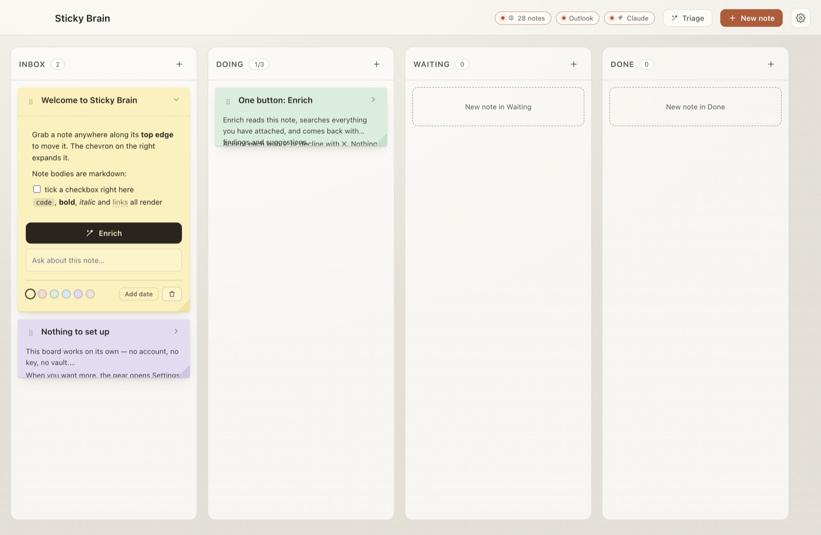 The Sticky Brain board: four columns — Inbox, Doing, Waiting, Done — with sticky notes that expand into a workspace