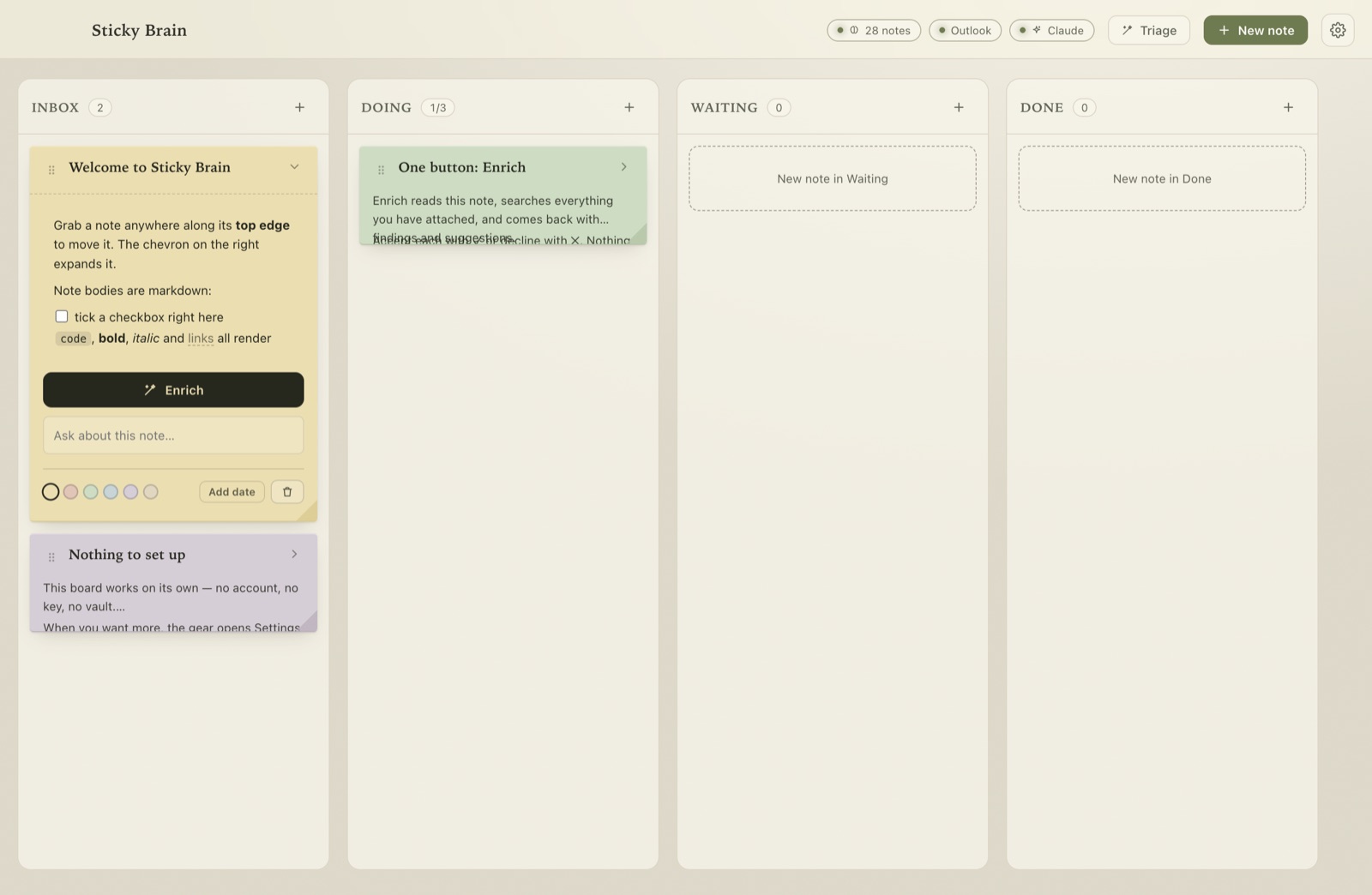 An expanded sticky note showing markdown body text, a checkbox, and the Enrich button